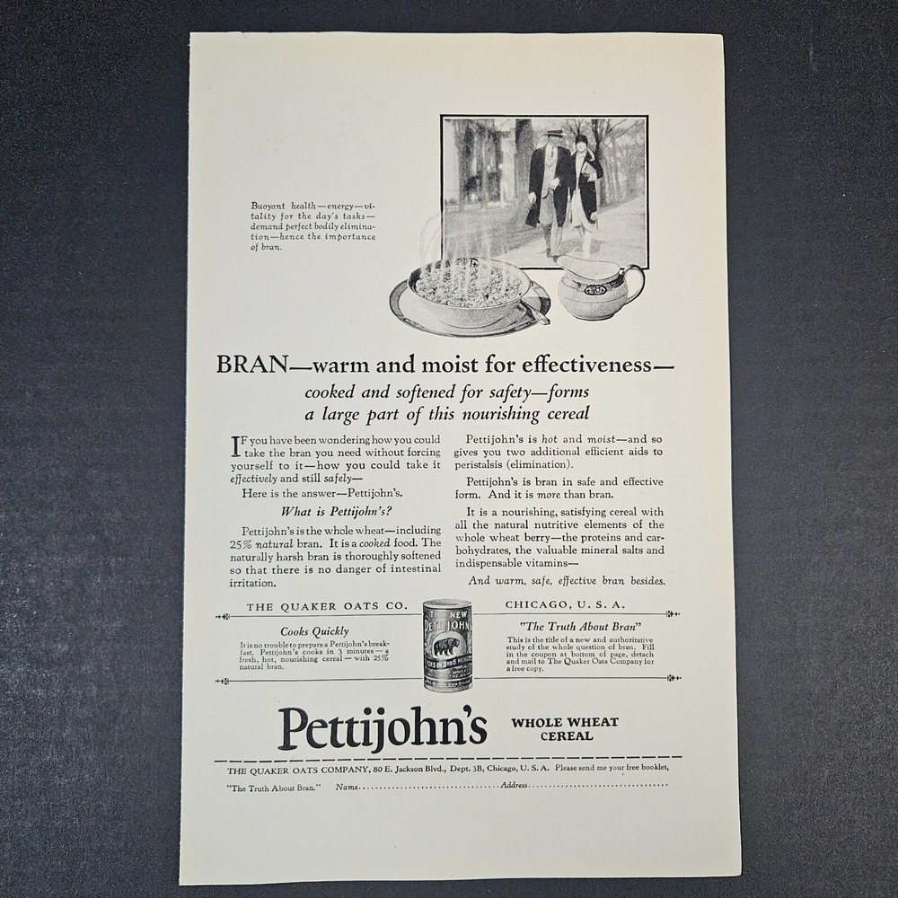1927 Pettijohn's Whole Wheat Cereal‎ Quaker Oats Bran Vintage Print Ad Chicago